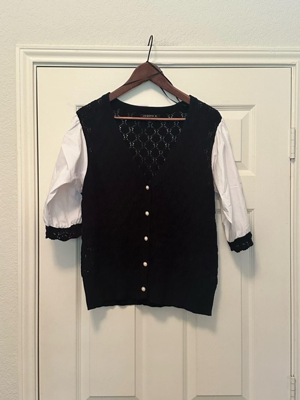 Joseph A. Black & White Twofer Cardigan with Puff Eyelet Sleeves - Size M